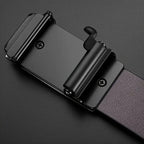 Black belt with a metallic buckle on a dark gray background