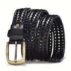Black woven belt with a gold buckle on a white background