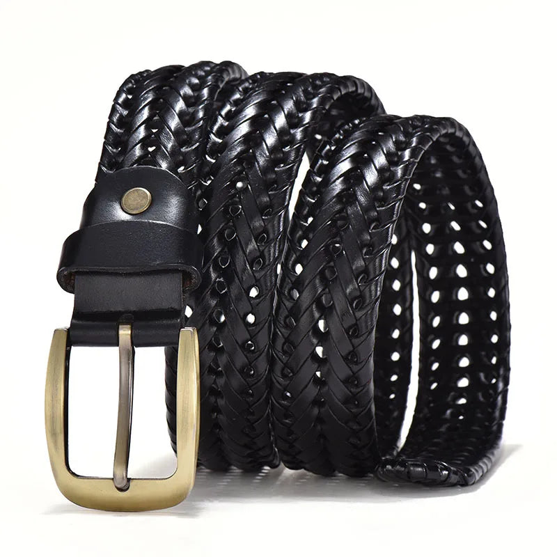 Black woven belt with a gold buckle on a white background
