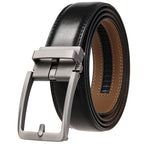 Black leather belt with silver buckle on a white background