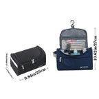 Two travel bags, one black and one blue with toiletries, on a white background with measurements.