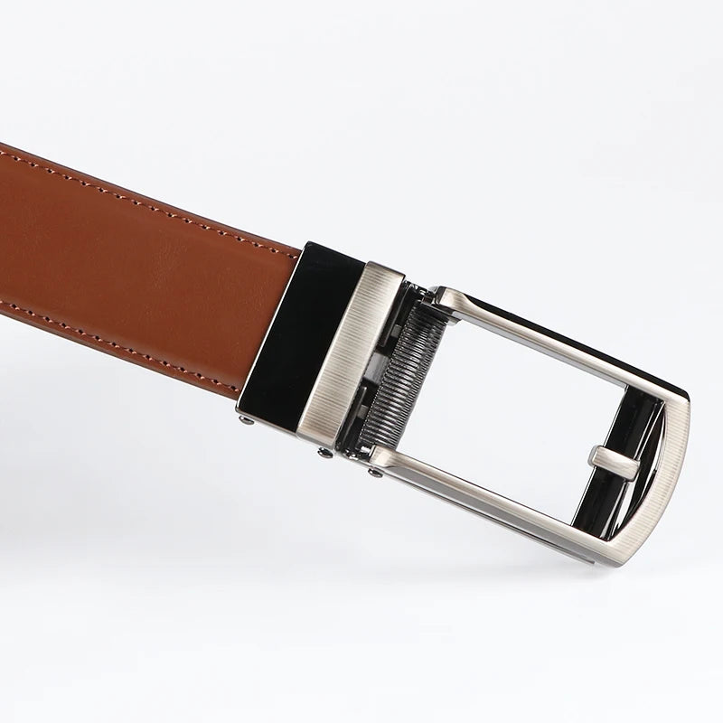 Genuine Leather Ratchet Belt for Men - Adjustable Automatic Buckle,Casual Business Style, High-Quality Leather Panel