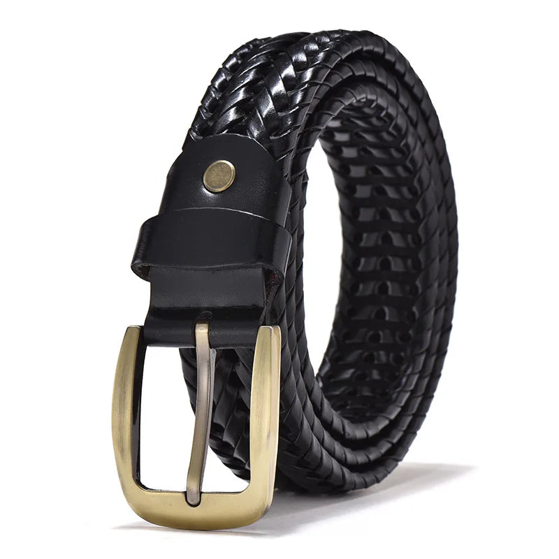 Black braided belt with a gold buckle on a white background
