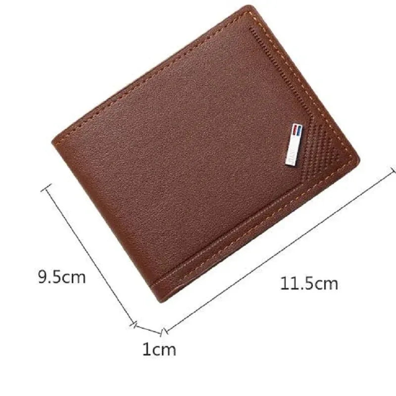 Brown wallet with dimensions labeled on a white background