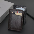 Coffee and black textured PU card holders standing upright with cards in their outer pockets.