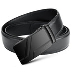 Black leather belt with a black buckle on a white background