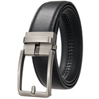 A black textured leather belt with a brushed silver metal automatic buckle, coiled on a solid white background.