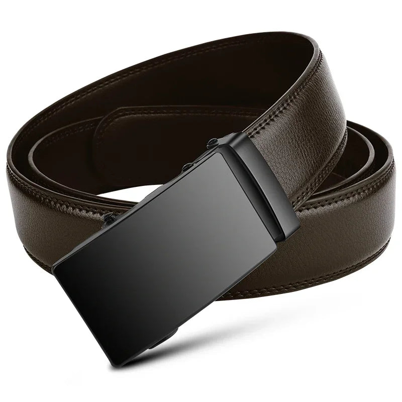 Brown leather belt with a black buckle on a white background