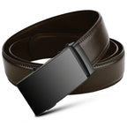 Brown leather belt with a black buckle on a white background