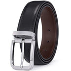 Black leather belt with silver buckle on a white background