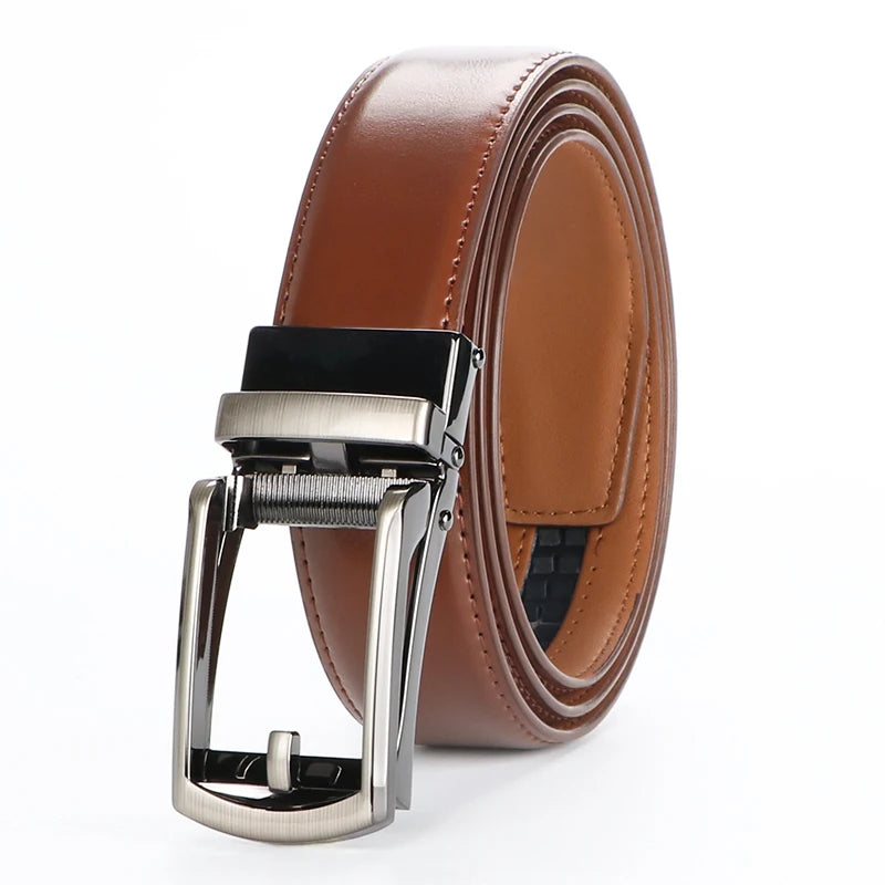Genuine Leather Ratchet Belt for Men - Adjustable Automatic Buckle,Casual Business Style, High-Quality Leather Panel