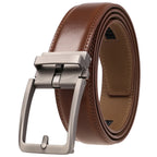Brown leather belt with silver buckle on a white background