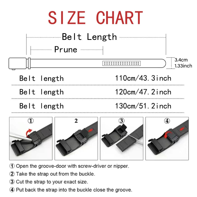 Size chart for a belt with measurements and instructions on how to adjust the length.