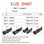 Size chart for a belt with measurements and instructions on how to adjust the length.