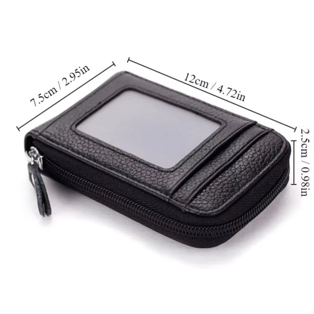 Black leather wallet with measurements on a white background