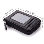 Black leather wallet with measurements on a white background