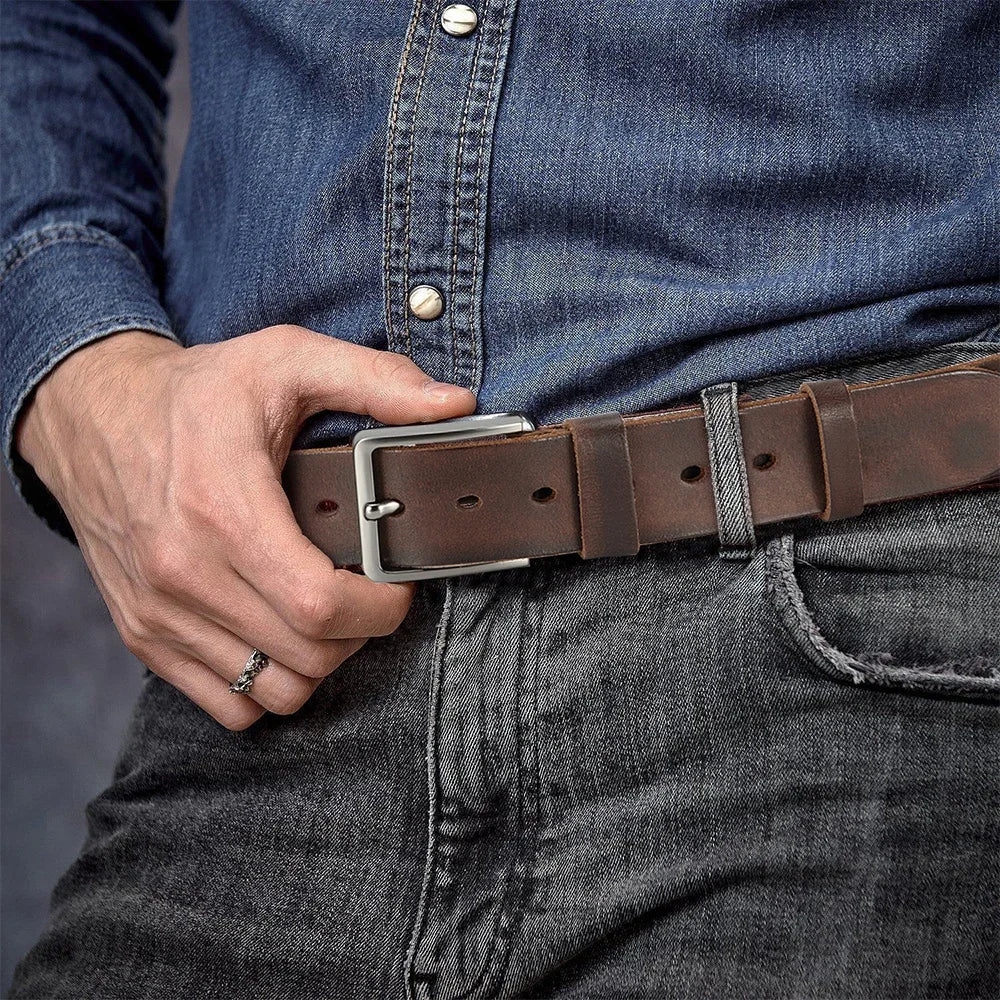 Men’s Genuine Cowskin Leather Belt – Classic Metal Pin Buckle Jeans & Business Belt