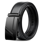 A black leather belt with a matching black automatic buckle, neatly coiled on a solid white background.