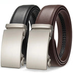 Two leather belts with silver buckles on a white background