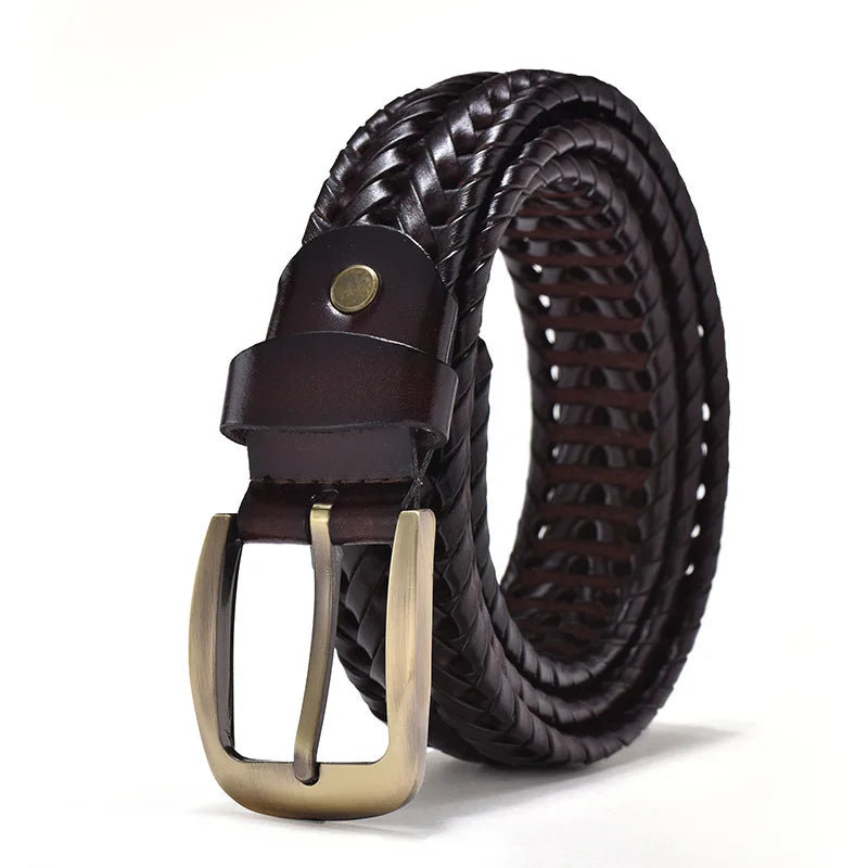 Brown braided leather belt with a gold buckle on a white background