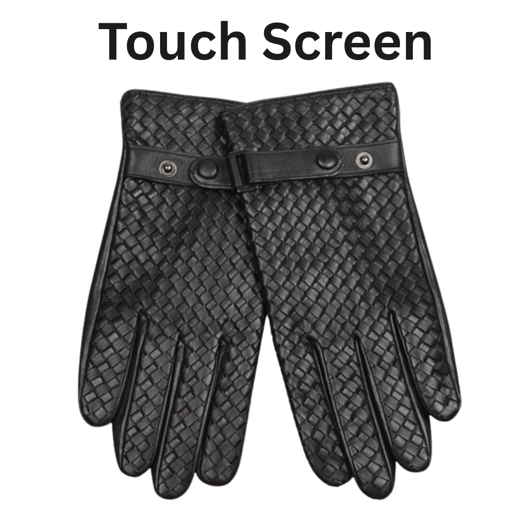 Black woven leather gloves with a wrist strap and snap button, shown on a white background with the text 'Touch Screen' above them.