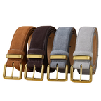 Four rolled belts in tan, dark brown, light blue, and light gray suede-like material, each with a gold-tone buckle, arranged side by side on a white background.