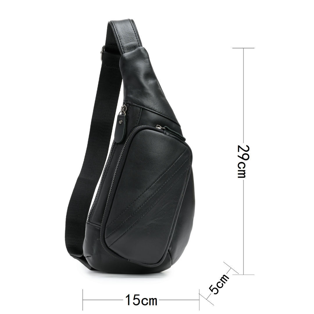 Black leather sling bag with measurements on a white background