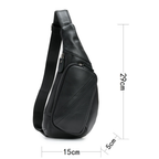 Black leather sling bag with measurements on a white background