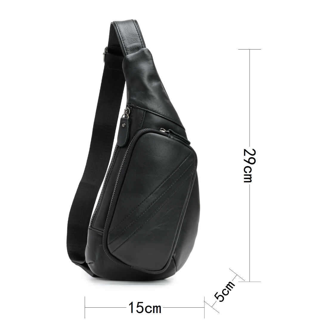 Black leather sling bag with measurements on a white background