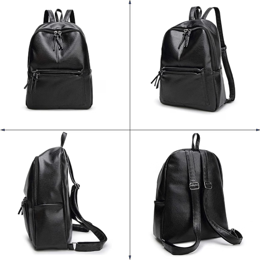 A black faux-leather backpack shown from four angles (front, three-quarter, side, and back) on a white background with a faint grid.