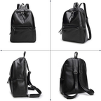 A black faux-leather backpack shown from four angles (front, three-quarter, side, and back) on a white background with a faint grid.