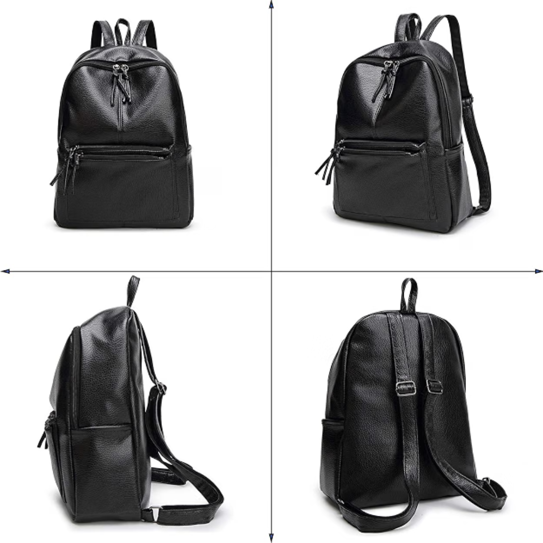 A black faux-leather backpack shown from four angles (front, three-quarter, side, and back) on a white background with a faint grid.