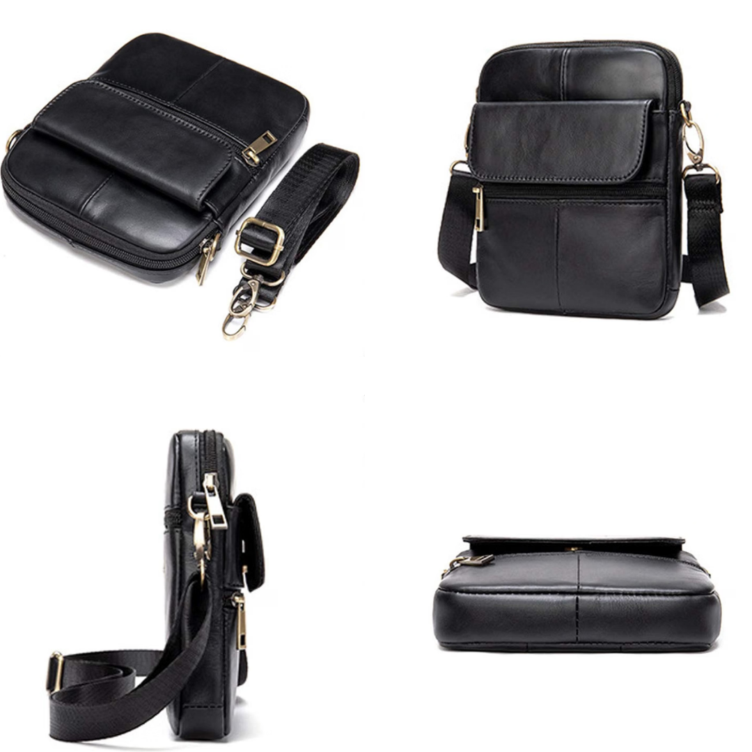 Black faux leather crossbody phone bag shown from four angles on a white background, featuring a zippered main compartment, front slip pocket, adjustable shoulder strap, and gold-tone hardware.