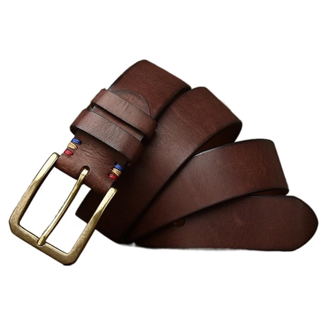 A dark brown leather belt with a gold-tone metal buckle and small colorful embroidered details near the buckle, coiled on a white background.