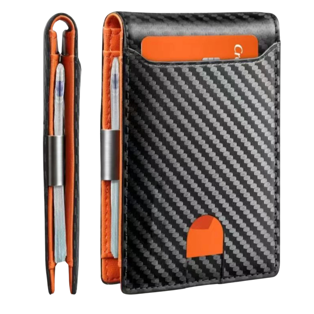A slim card holder wallet shown from two angles: a side profile on the left and the front on the right. The wallet has a black and gray carbon fiber pattern exterior, bright orange interior lining, and a silver metal clip mechanism.