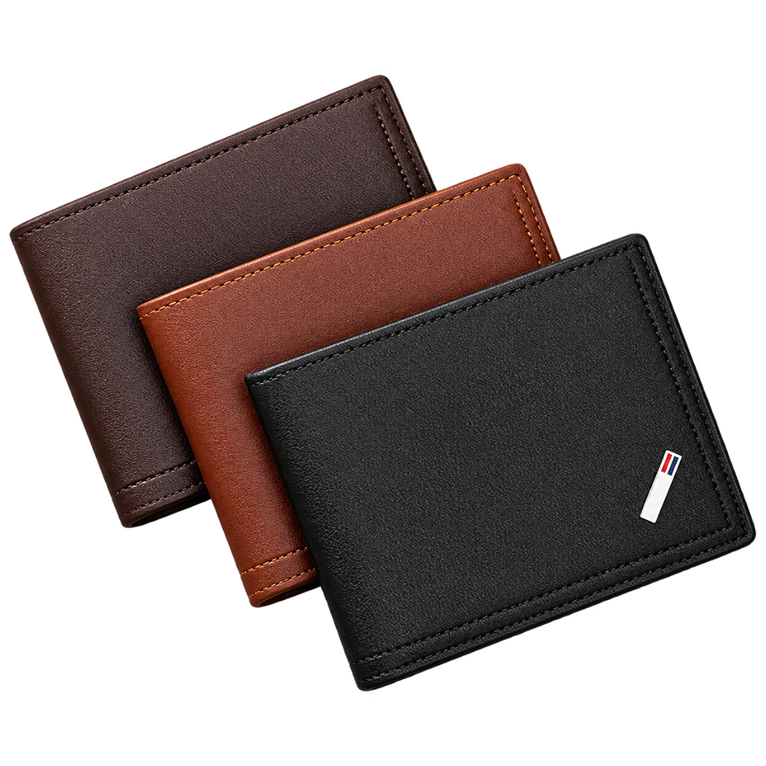 Three slim bifold wallets made of textured leather, arranged diagonally on a white background. The wallets are in black, brown, and reddish-brown, each featuring a small white rectangular logo with red and blue stripes on the bottom right corner.