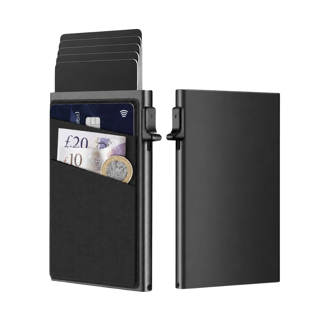A slim black metal wallet shown in two views on a white background: one open with cards and a UK 20 and 10 pound note tucked into the front slip pocket, and one closed showing the slim profile and hinge.