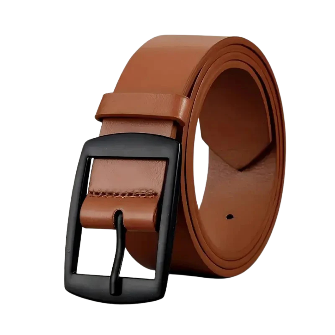 Khaki leather belt with a black buckle on a white background