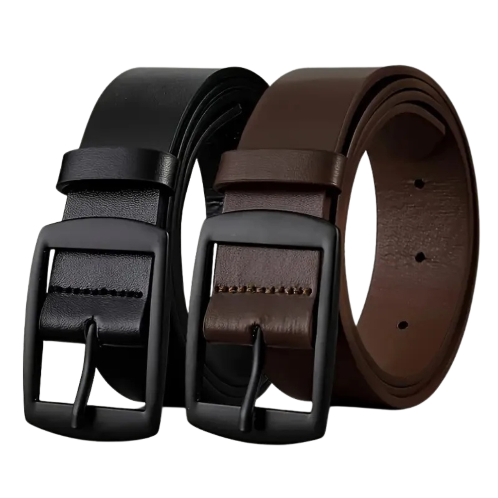 Brown & Black leather belt with a black buckle on a white background