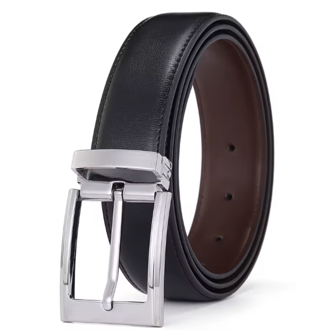 A black leather belt with a brown inner lining and a polished silver-tone buckle, coiled on a white background.