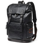 A black distressed leather backpack with a front flap pocket, buckle straps, and a side zippered pocket, shown on a plain white background.