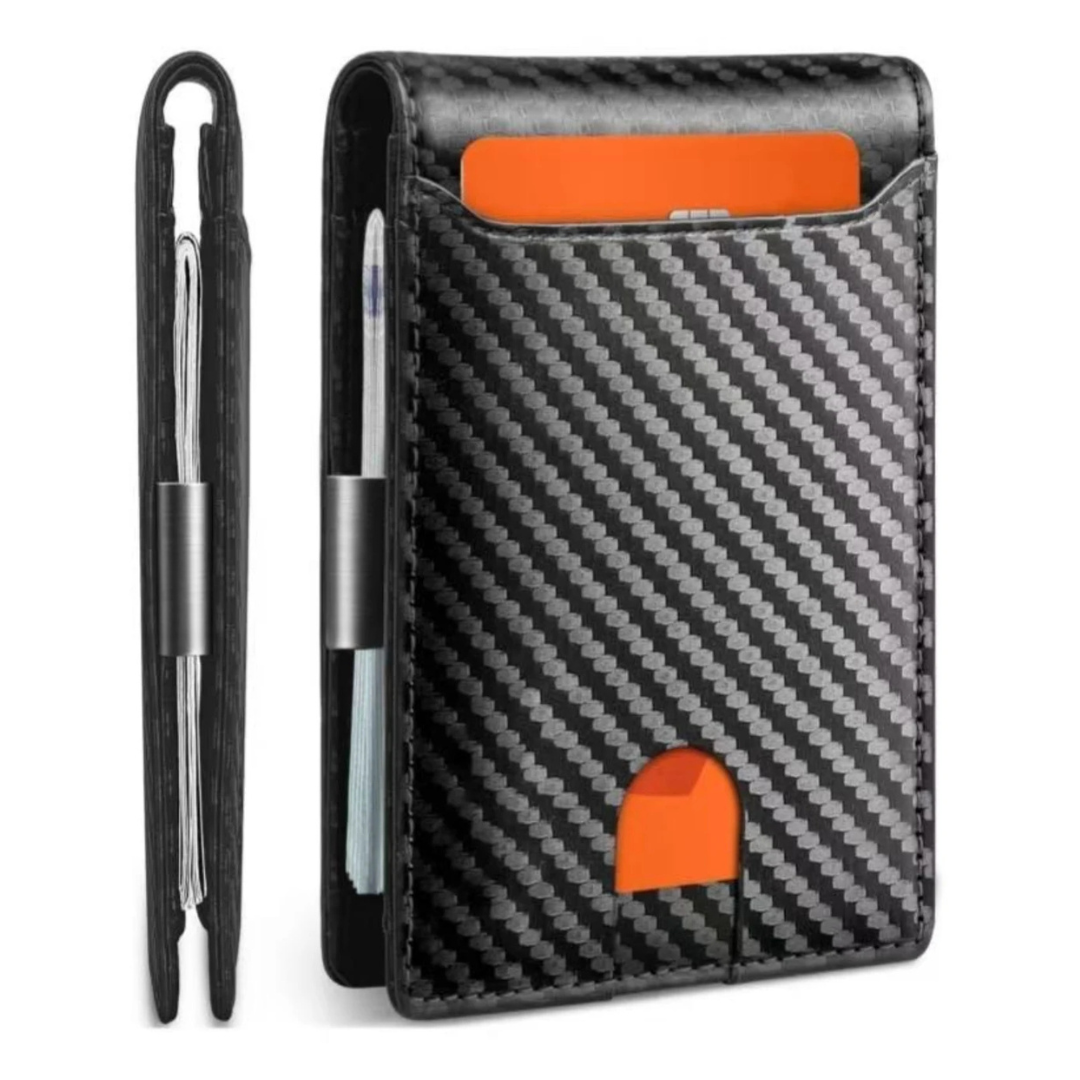 A slim black carbon-fiber-texture card holder wallet shown from the back and side, with an orange accent pocket and a pen in a metal clip, on a white background.