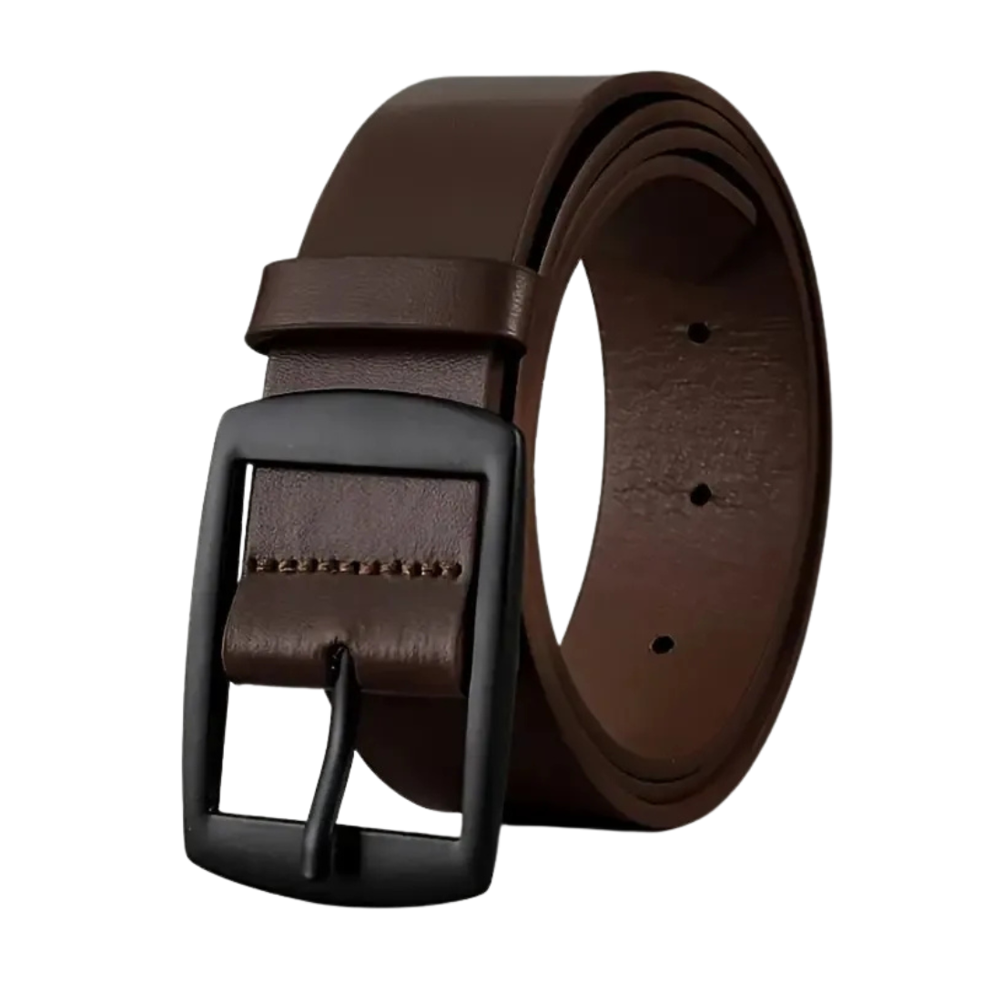 Brown leather belt with a black buckle on a white background