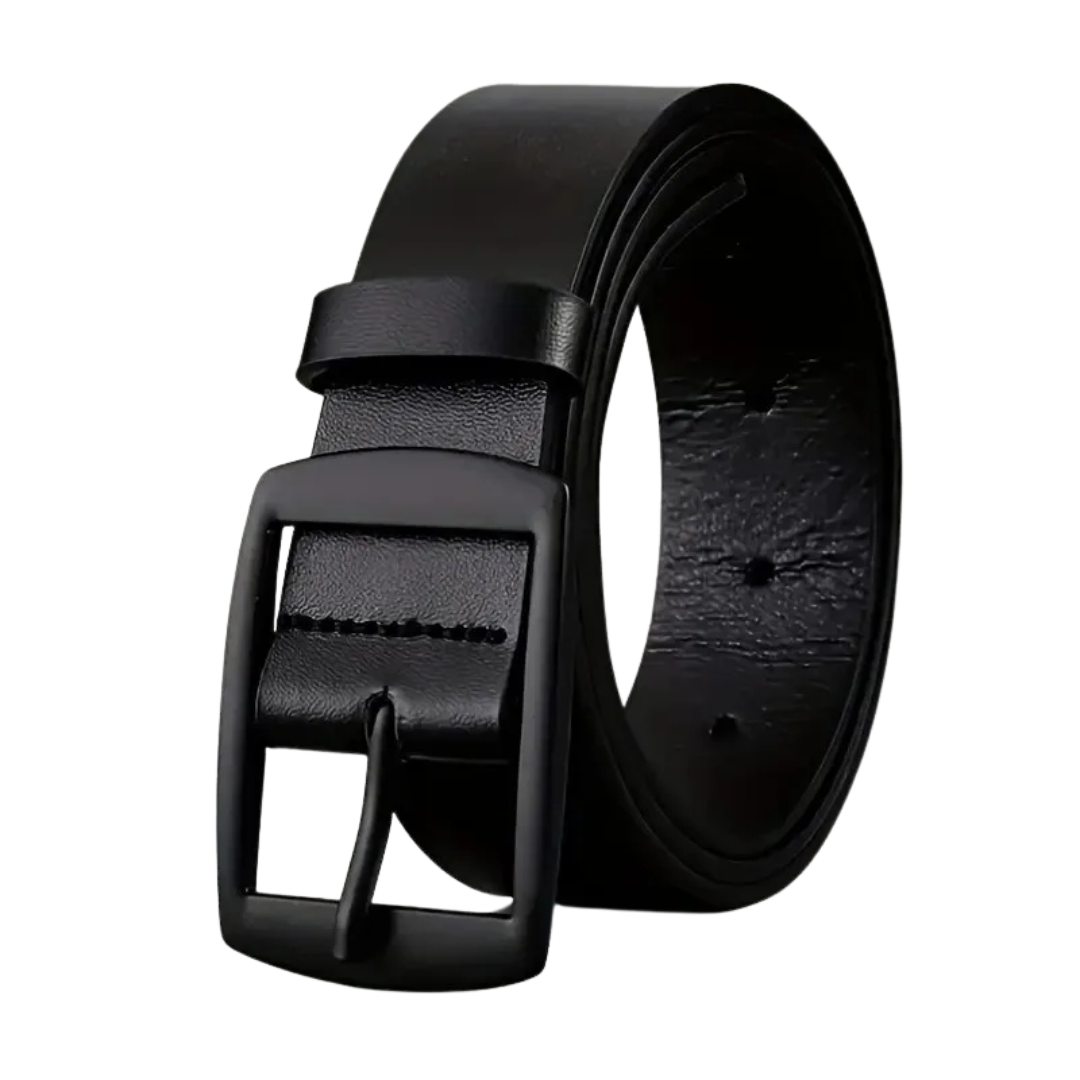 Black leather belt with a black buckle on a white background
