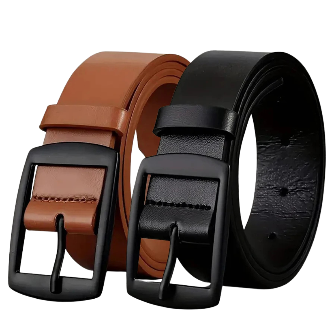 Khaki & Black leather belt with a black buckle on a white background
