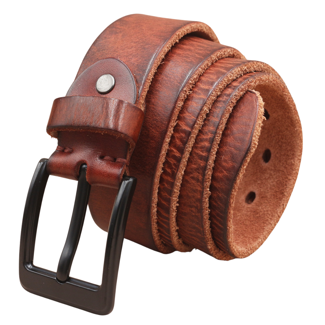 A rolled brown leather belt with a black metal buckle, shown on a plain white background.