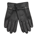 A pair of black leather gloves featuring a woven basketweave pattern, a smooth black leather wrist strap with snap buttons, and a central button closure, shown against a plain white background.