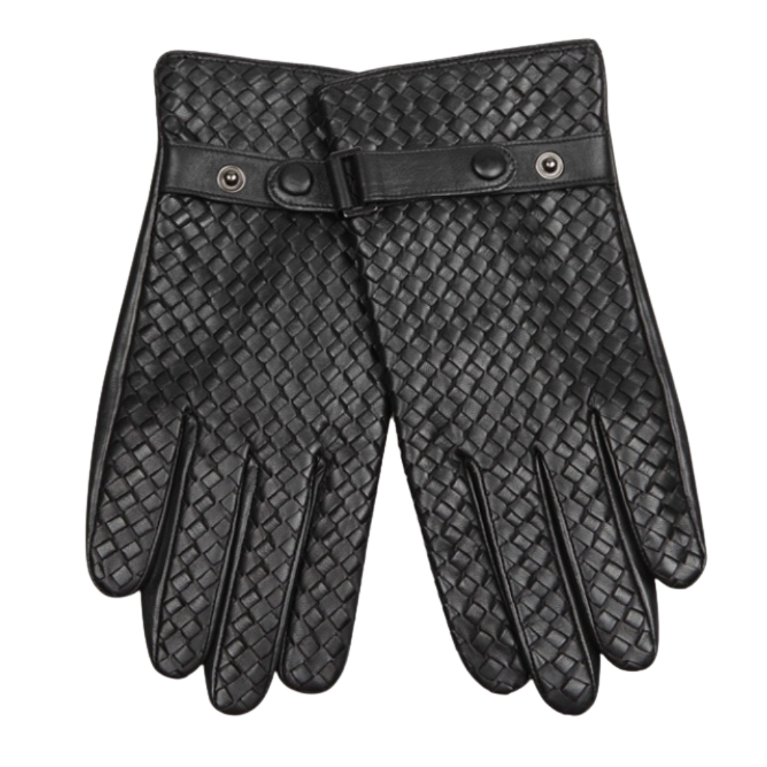 A pair of black leather gloves featuring a woven basketweave pattern, a smooth black leather wrist strap with snap buttons, and a central button closure, shown against a plain white background.