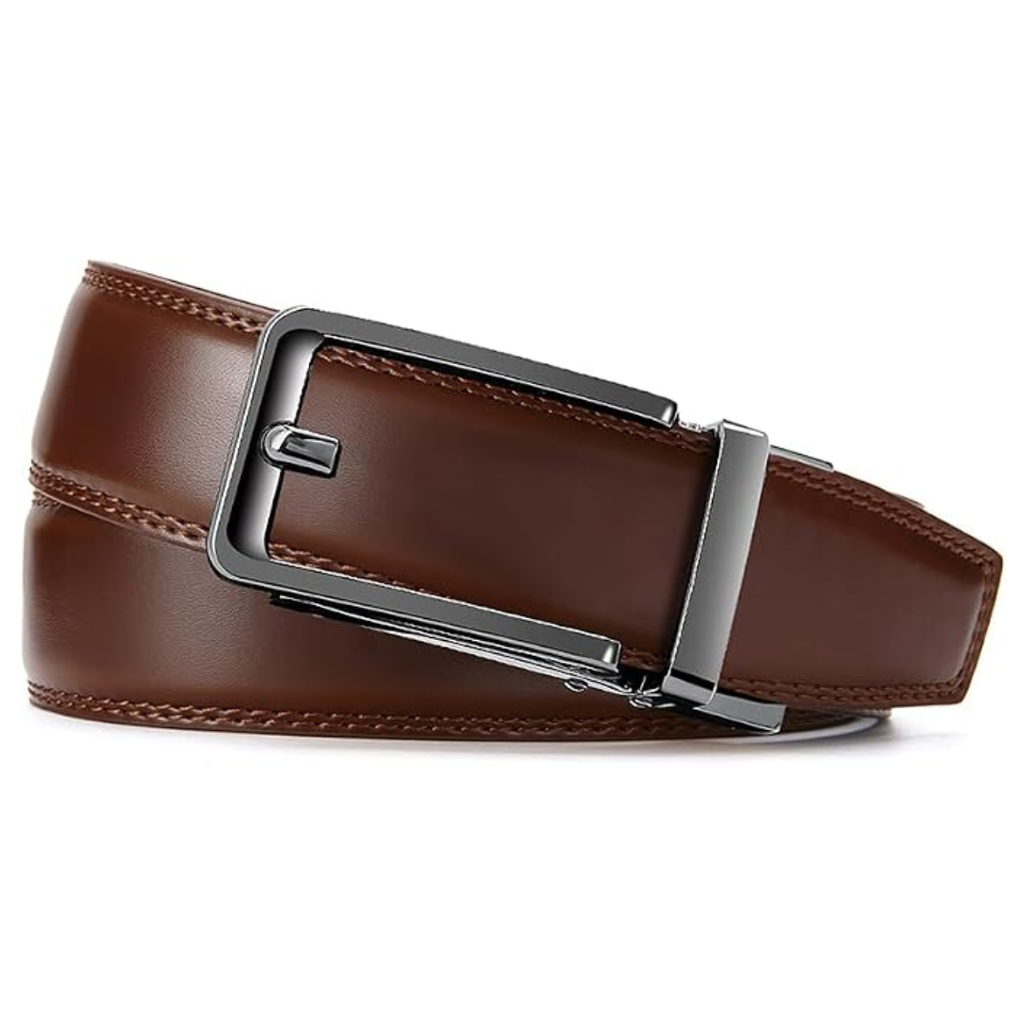 A brown leather belt with a silver-toned metal automatic buckle, shown coiled on a clean white background.