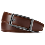 A brown leather belt with a silver-toned metal automatic buckle, shown coiled on a clean white background.